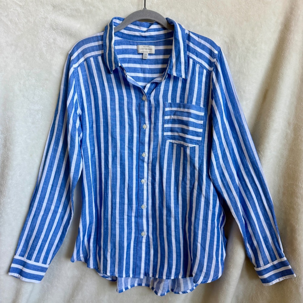 Lucky Brand Blue White Striped Button Down Shirt Size M Hi Low Hem Cotton Top